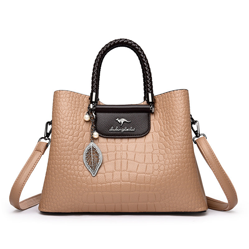 Women's Tote High-Grade Large Capacity Crocodile Pattern Leaf-Shaped Decorative Pendant Everyday Joker Crossbody Shoulder Bag