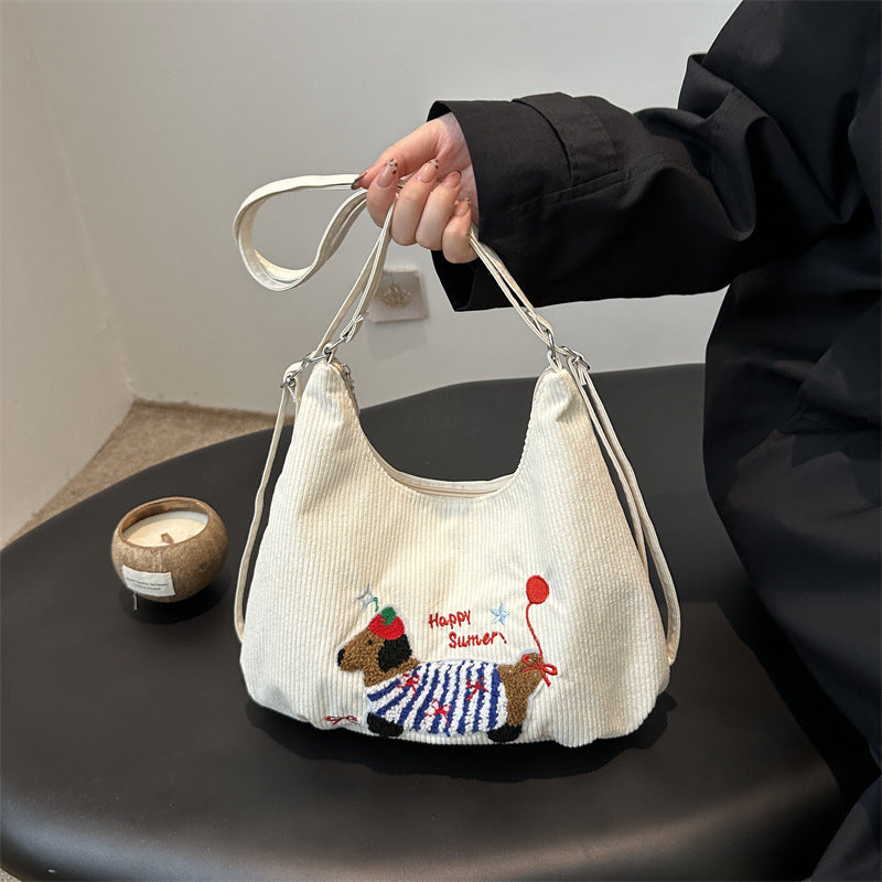 Women's Backpack Sausage Dog New Trendy Korean Large Capacity Corduroy Preppy Style Tote Bag