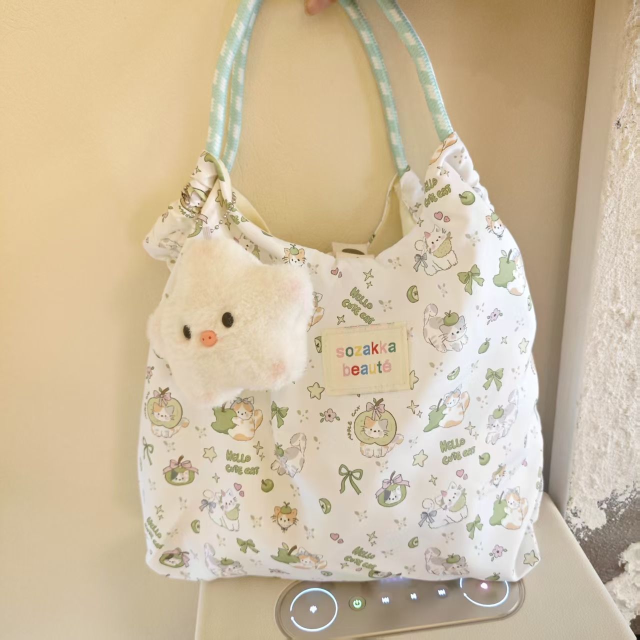 Cute Cat Print Tote Bag with Soft Star Charm, Perfect for Students and Daily Use