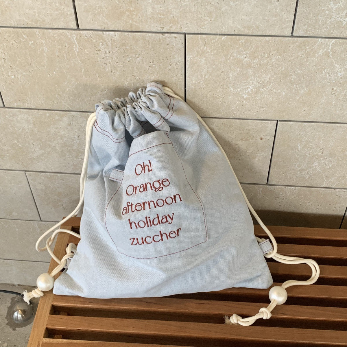 Cute Embroidered Drawstring Backpack with 'Orange Afternoon Holiday' Design, Perfect for Casual Daily Use and School