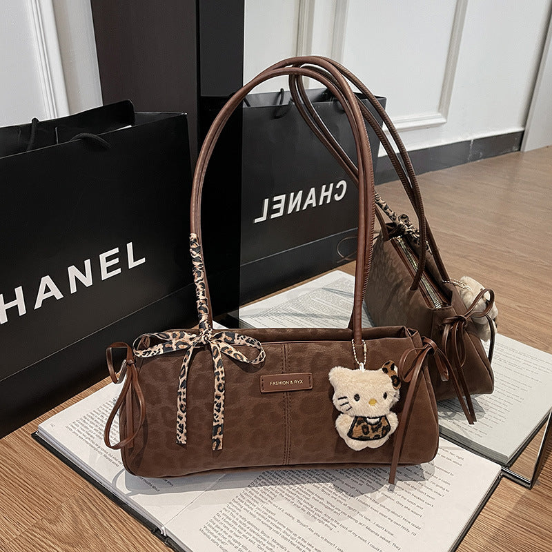 Vintage Leopard Print Shoulder Bag for Women 2025 New Fashion Large Capacity Crossbody Bag with Hello Kitty Embroidery