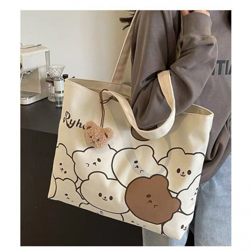 Cute Bear Print Tote Bag with Soft Canvas Material and Double Handles for Daily Use