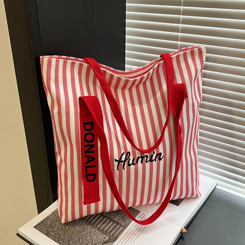 Summer Stripes Canvas Bag for Women New Large Capacity Tote Korean Style Shoulder Commuter Tote