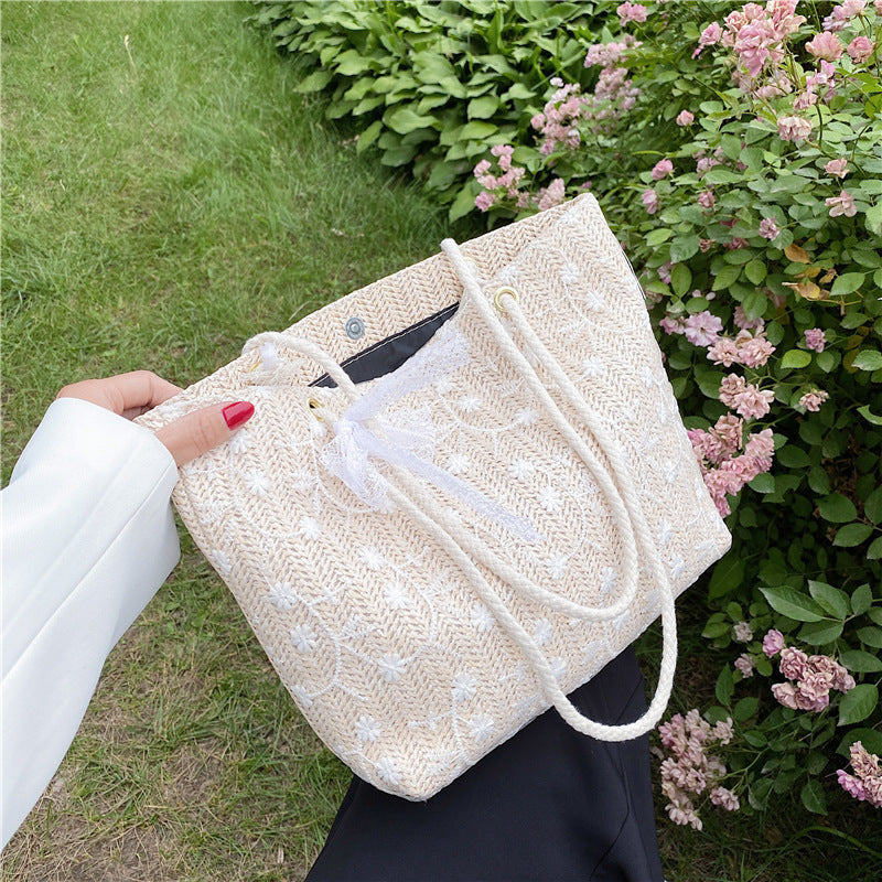 New Korean Style Women's Tote Straw Lace Embroidered Shoulder Bag Large Capacity Fashion Bucket Bag Women's Everyday Joker Handbag