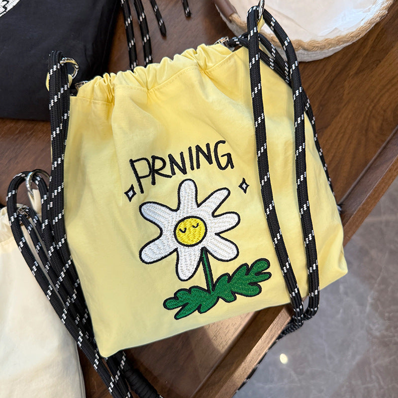 Cute Embroidered Drawstring Bag with Adorable Dog Design, Fashionable Nylon Crossbody Bag for Daily Use
