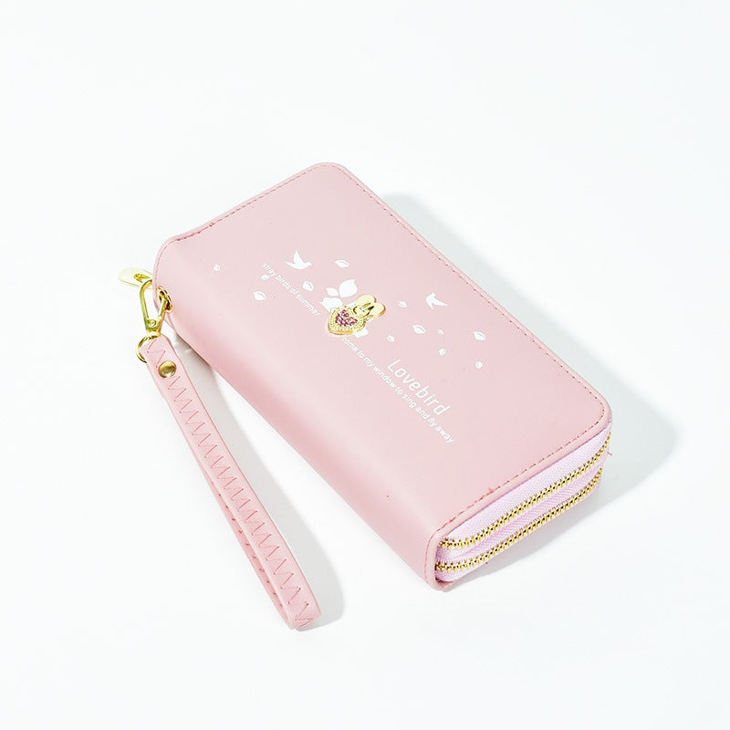 Cute Lovebird PU Wallet with Rhinestone Heart, Double Zipper, Wrist Strap & Card Slots for Women