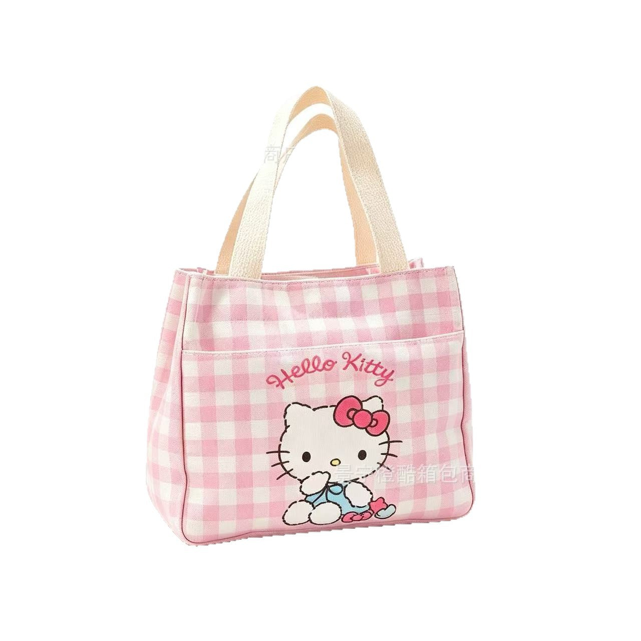 Cute Hello Kitty Checkered Canvas Tote Bag with Large Capacity for Daily Use, Perfect for Students and Office Workers