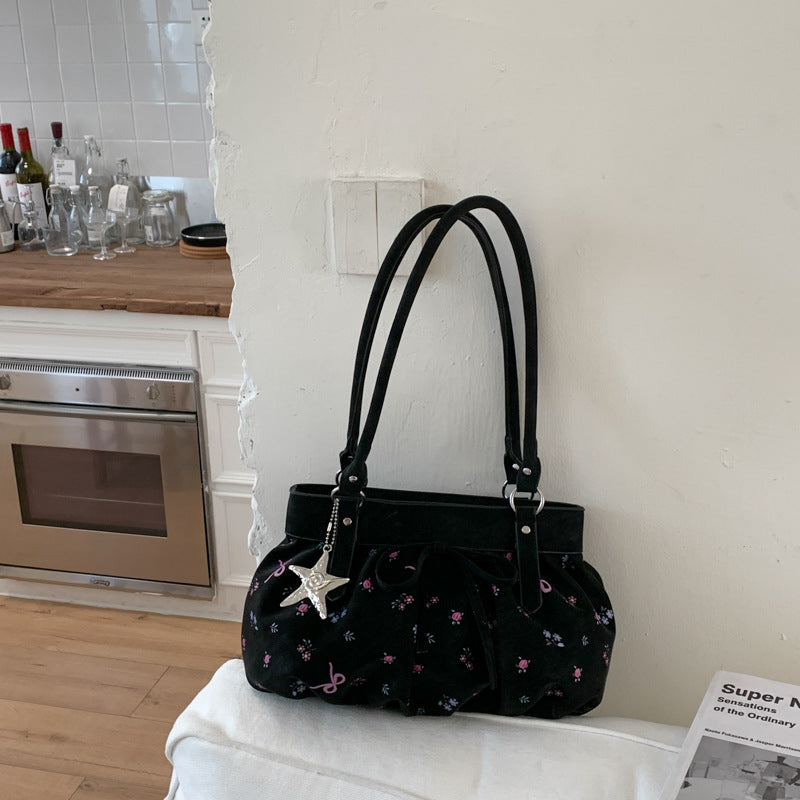 Korean Style Large Capacity Shoulder Bag with Pleated Design and Polka Dot Print for Daily Commute