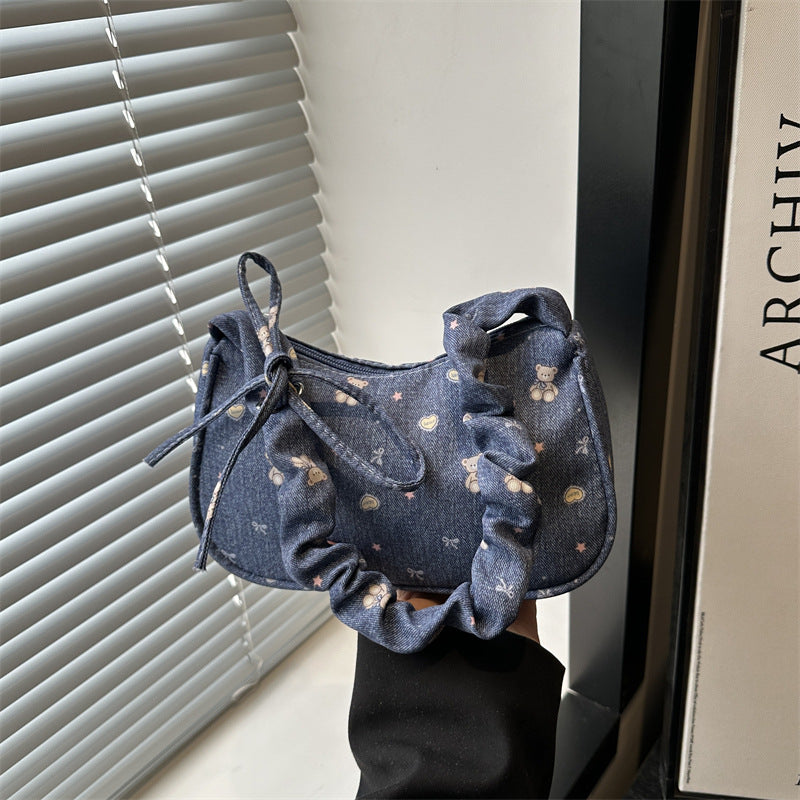 2025 New Denim Crossbody Bag for Women, Trendy Street Style with Bow Strap and Zipper Closure, Perfect for Daily Outfits