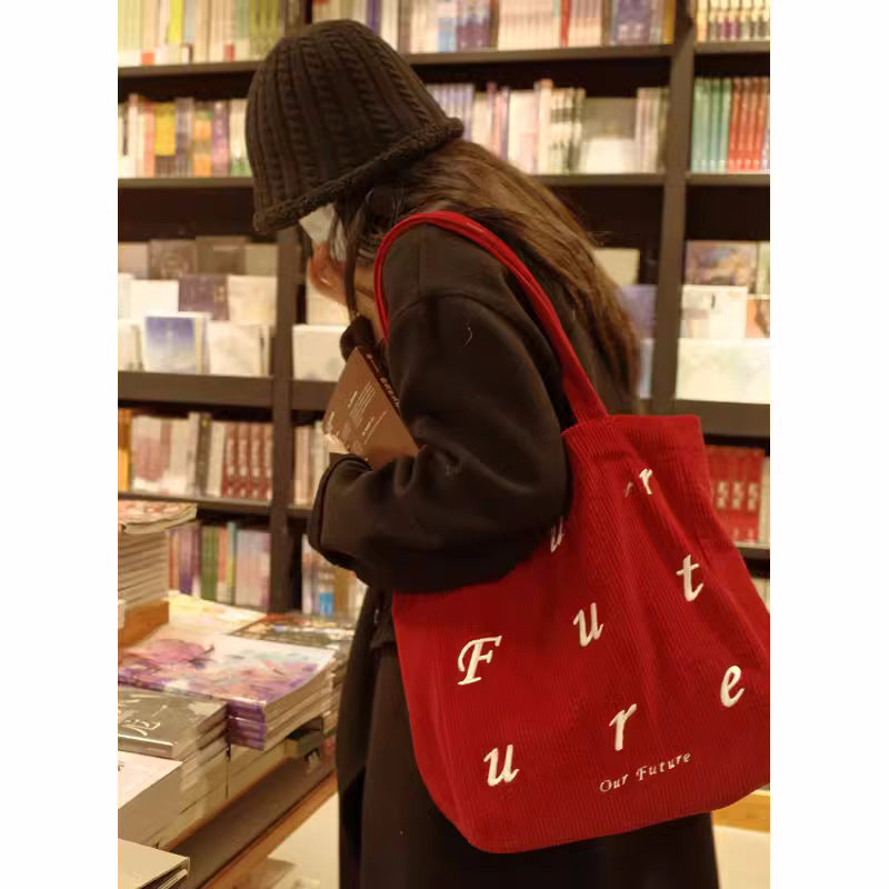 Vintage Corduroy Tote Bag with Embroidered 'Our Future' Design, Stylish Everyday Shoulder Bag for Women