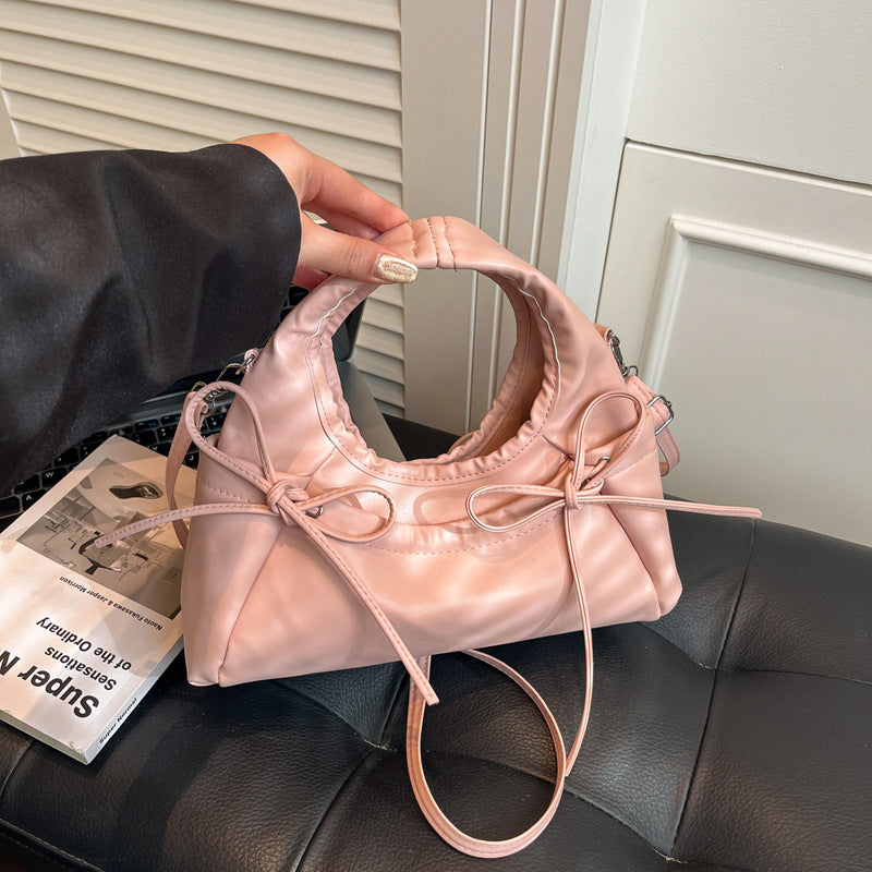 Korean Fashion Women's Mini Moon Bag with Bow Detail, Soft PU Crossbody Shoulder Bag for Daily Street Style