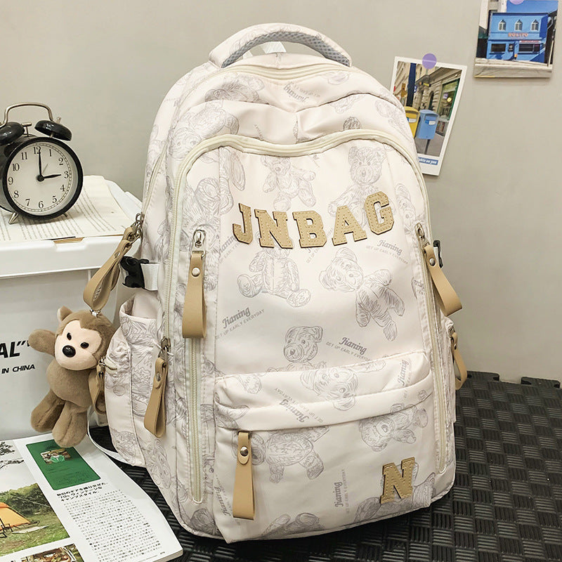 Fashionable Letter Print Backpack for Kids and Students, Breathable Nylon School Bag with Cute Bear Pattern