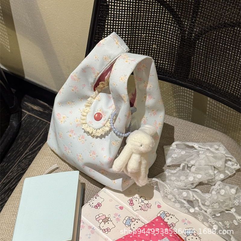 New Floral Canvas Bag for Female Students Simple Large Capacity Work All-Match Lightweight Lunch Box Bento Handbag