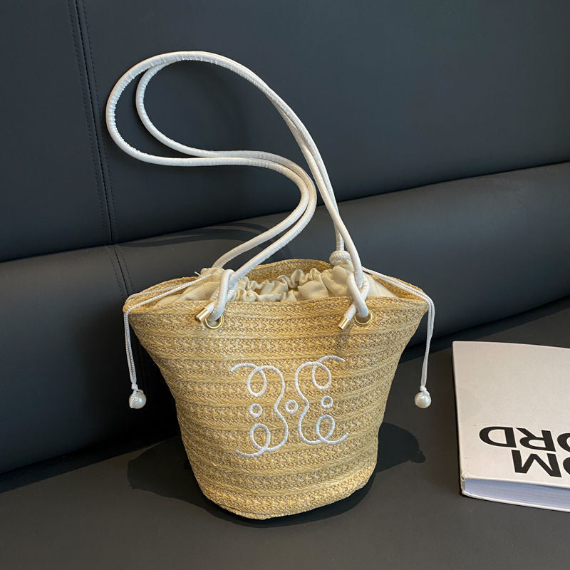 2025 New Fashion Woven Bucket Bag for Women, Retro Style Straw Tote with Pearl Details and Double Handles