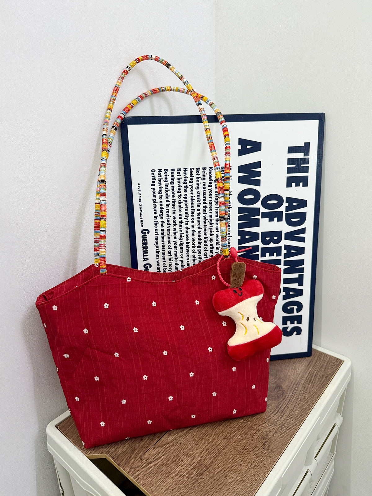 Korean-style red floral canvas bag, women¡¯s new contrast color weave commuter tote shoulder bag