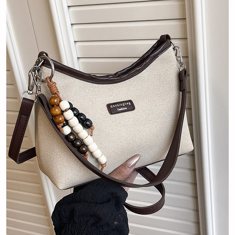 Chic Color-Blocking Canvas Shoulder Bag with Beaded Charm for Women, 2025 Summer Trendy Casual Tote
