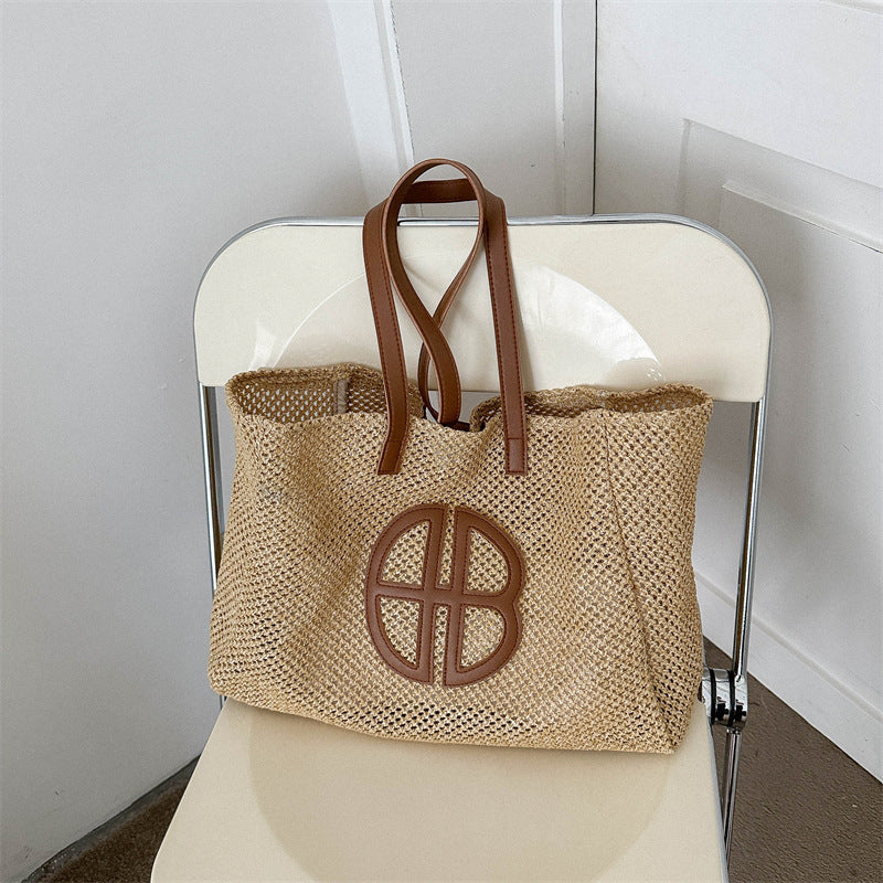 Woven Bag Women's New Partysu Contrast Color Straw Fashion Trendy One-Shoulder Handbag