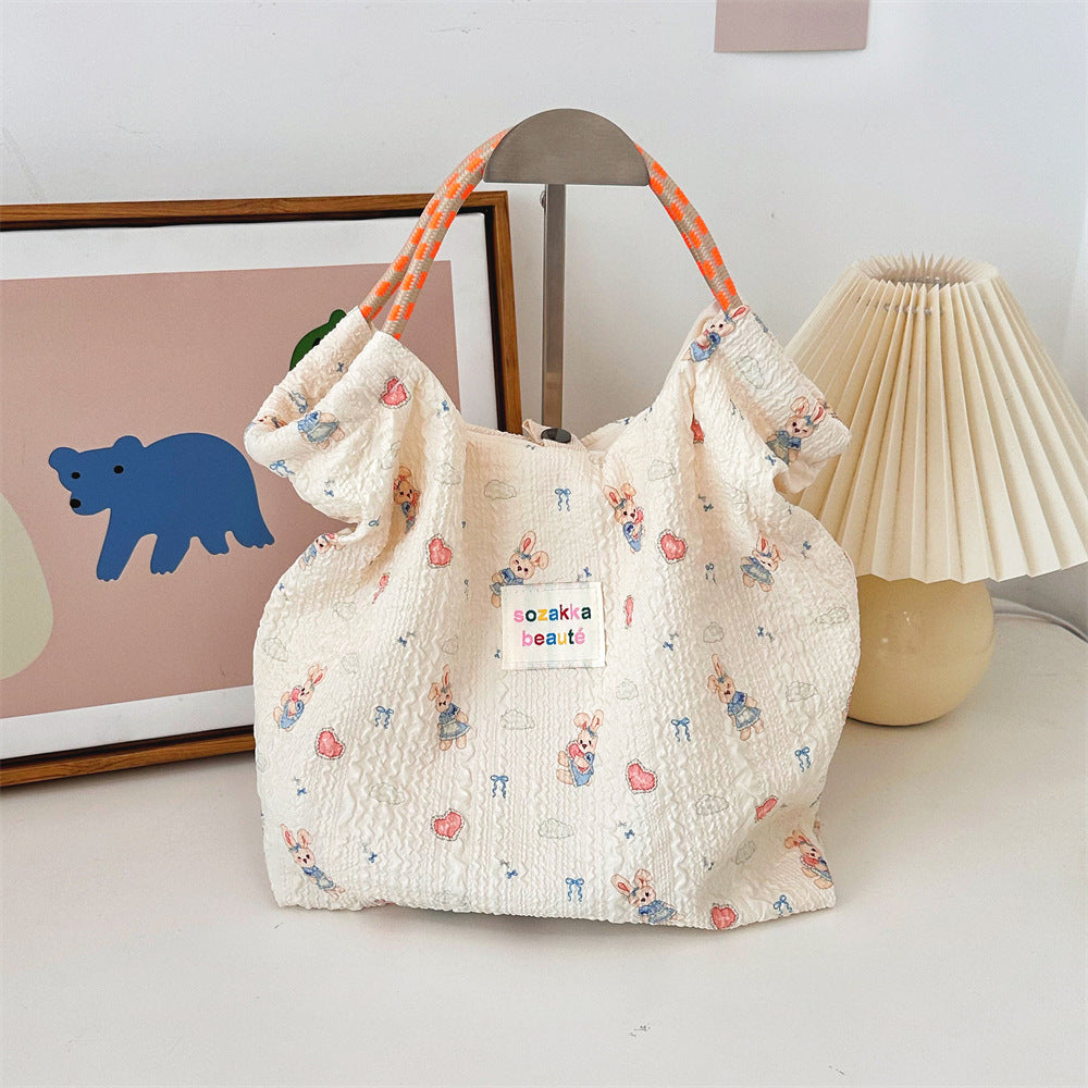 Korean Cartoon Embossed Canvas Bag Women's Large Capacity Canvas Bag Portable Beach Vacation Handbag
