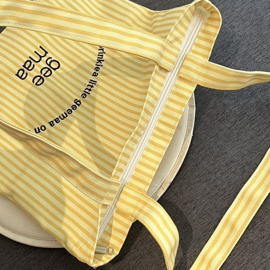 2025 New Striped Canvas Tote Bag with Embroidery Design, Large Capacity Shoulder Bag for Casual Travel and Daily Use