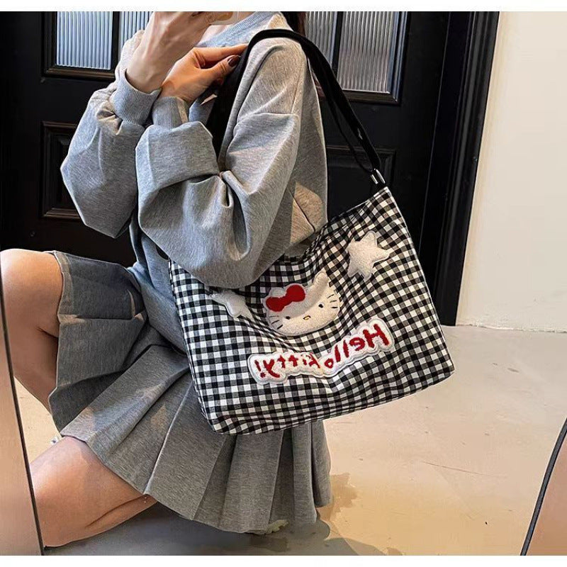 Cute Hellokitty Check Pattern Shoulder Bag Female Cartoon Large Capacity Crossbody Canvas Bag