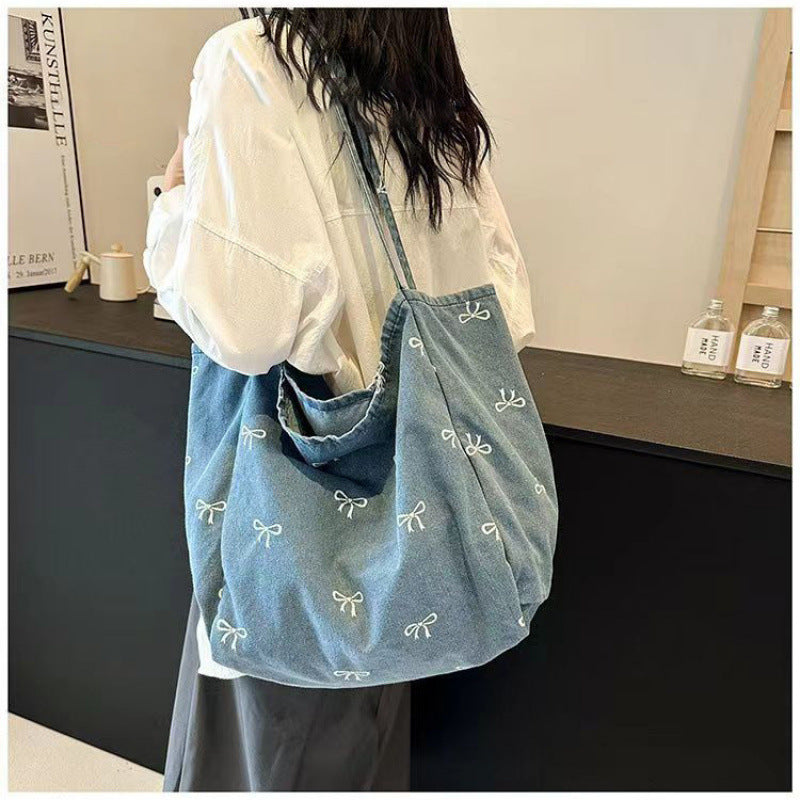 Cute Bow Embroidered Denim Tote Bag for Women, Large Capacity Casual Shoulder Bag with Lace Trim and Inner Pocket