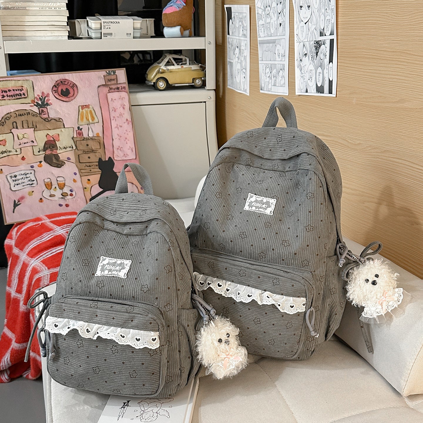 Artistic Fresh Student Backpack Soft Corduroy Material Lace Large Capacity Breathable Design