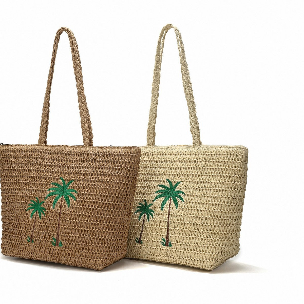 2025 Spring Summer New Style Woven Tote Bag with Palm Tree Embroidery, Large Capacity Straw Shoulder Bag for Daily Use