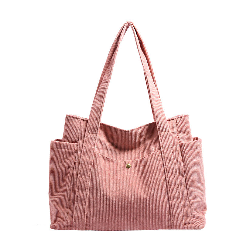 2024 New Corduroy Tote Bag for Women, Large Capacity Daily Commute Shoulder Bag with Multiple Pockets and Stylish Stitching Design