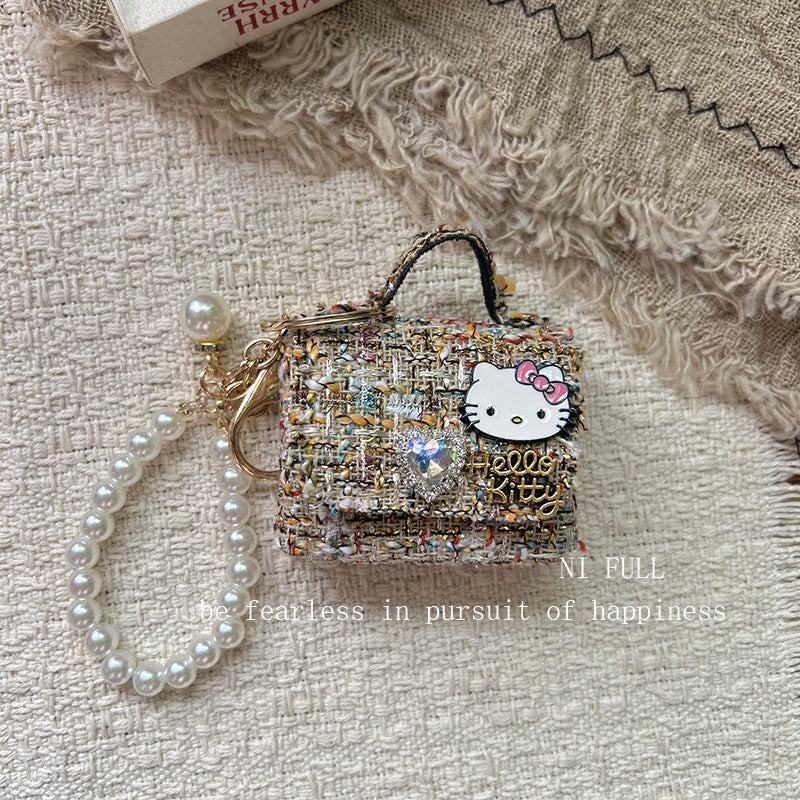 Korean Style New Retro Dots Cartoon Cat Lipstick Pack Pearl Exquisite High Sense Versatile Pendant Keychain for Women