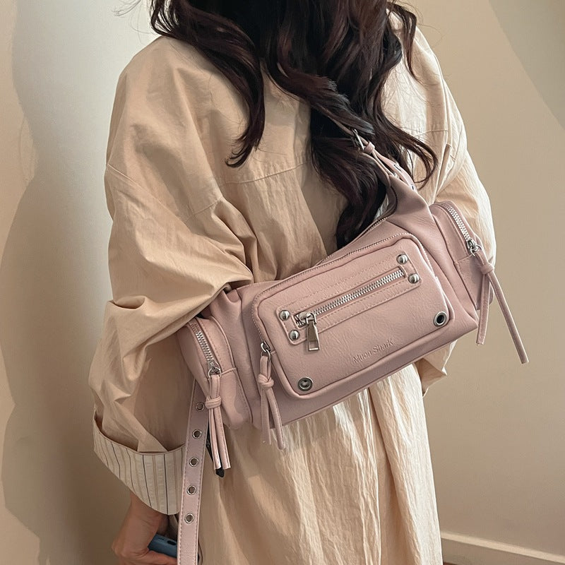 Korean Street Style Moto Bag with Rivets and Tassels, Multi-Pocket Shoulder Crossbody Bag for Daily Fashion