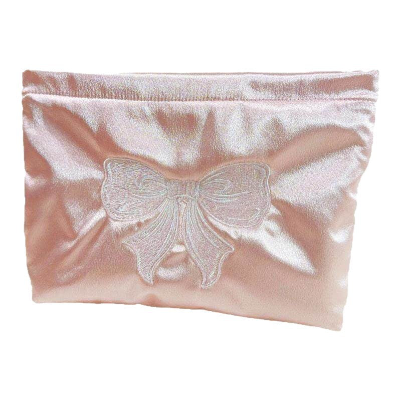 Women's Embroidered Bow Cosmetic Bag Smooth Satin Large Capacity Carrying Case Essential for Daily Travel