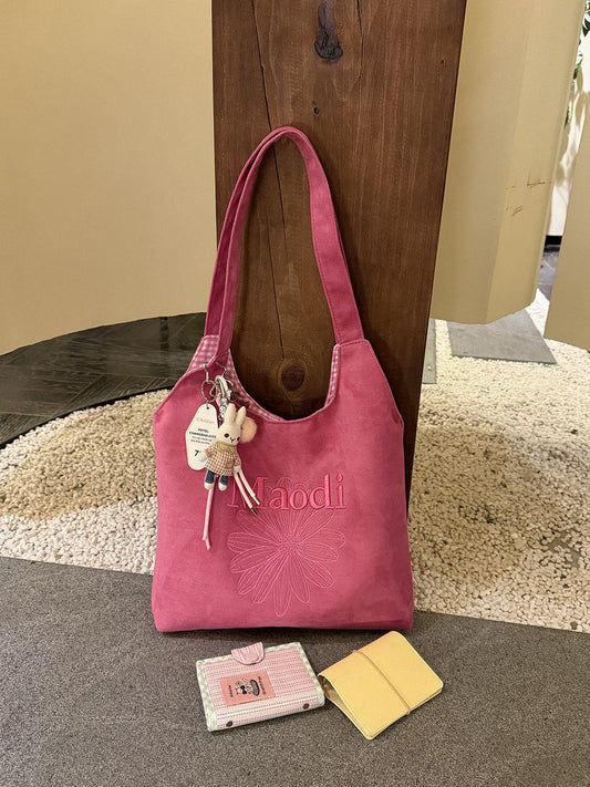 Korean Style Retro Embroidered Tote Bag for Women, Large Capacity Casual Shoulder Crossbody Bag with Floral Design and Cute Keychain