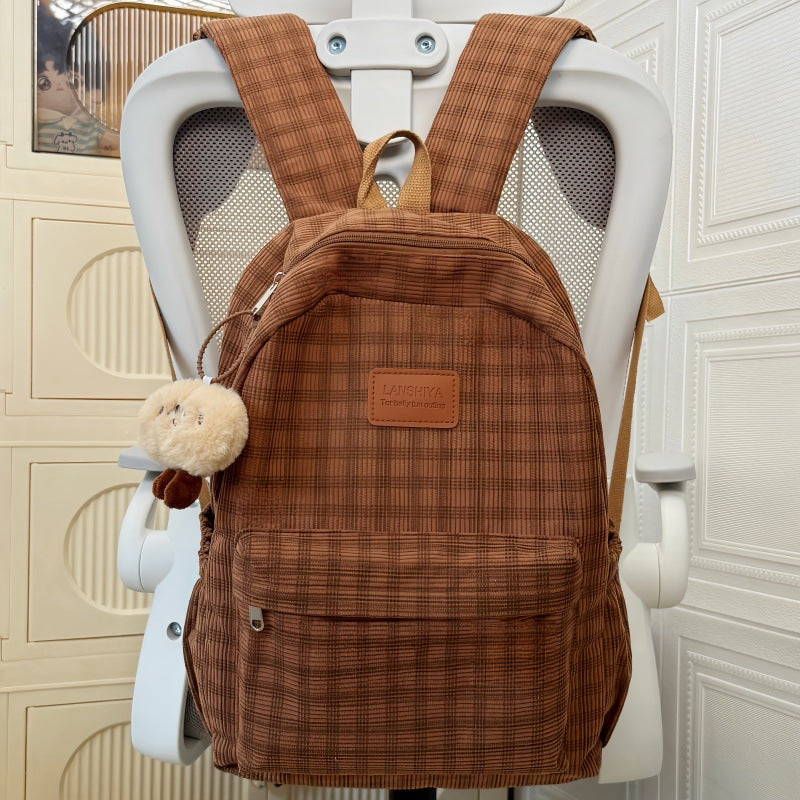 Retro Plaid Corduroy Backpack with Breathable Design for Students, Lightweight and Stylish School Bag with Adjustable Padded Straps