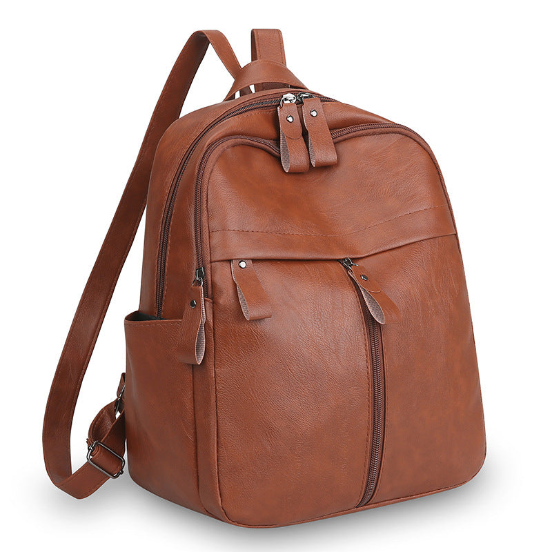 Pu Backpack Men's and Women's Casual Large Capacity Retro Korean Type Fashion Outdoor All-Matching Backpack Simple