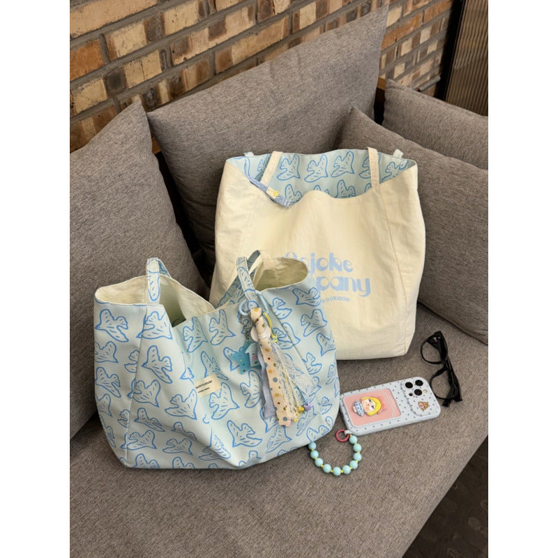 2026 New Spring Fresh Style Large Capacity Tote Bag with Bird Print, Dual-Sided Reversible Design for Casual Travel and Daily Use