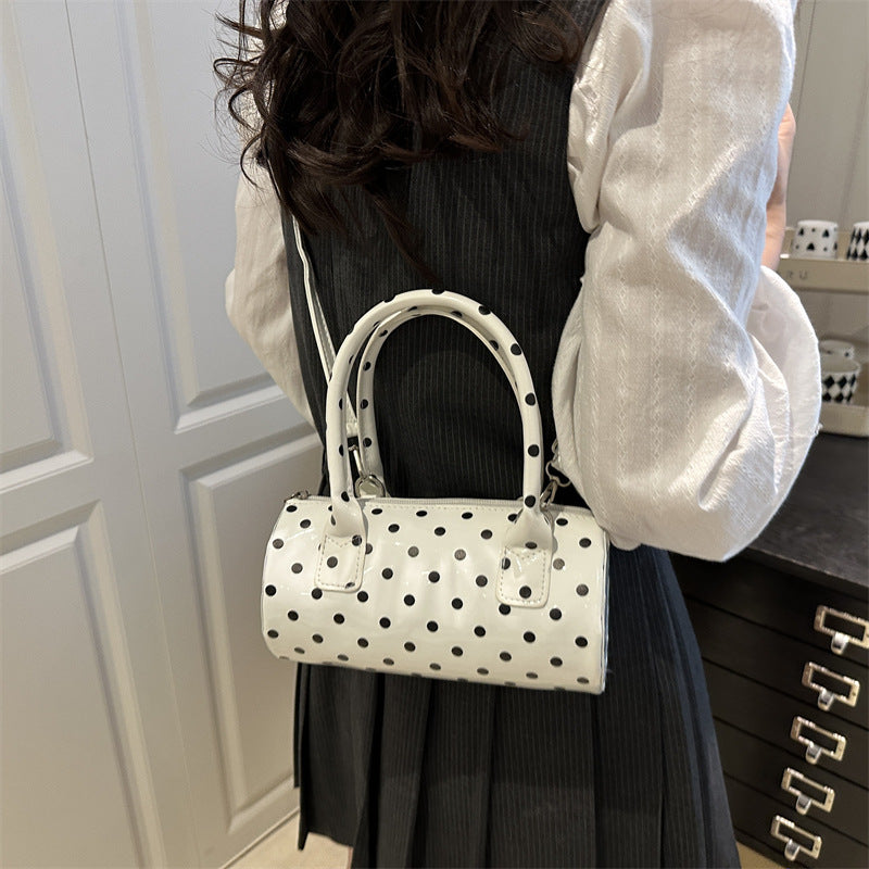 2025 Spring New Fashion Polka Dot Cylinder Handbag Women's Casual Crossbody Bag with Zipper Closure and Stylish Handle