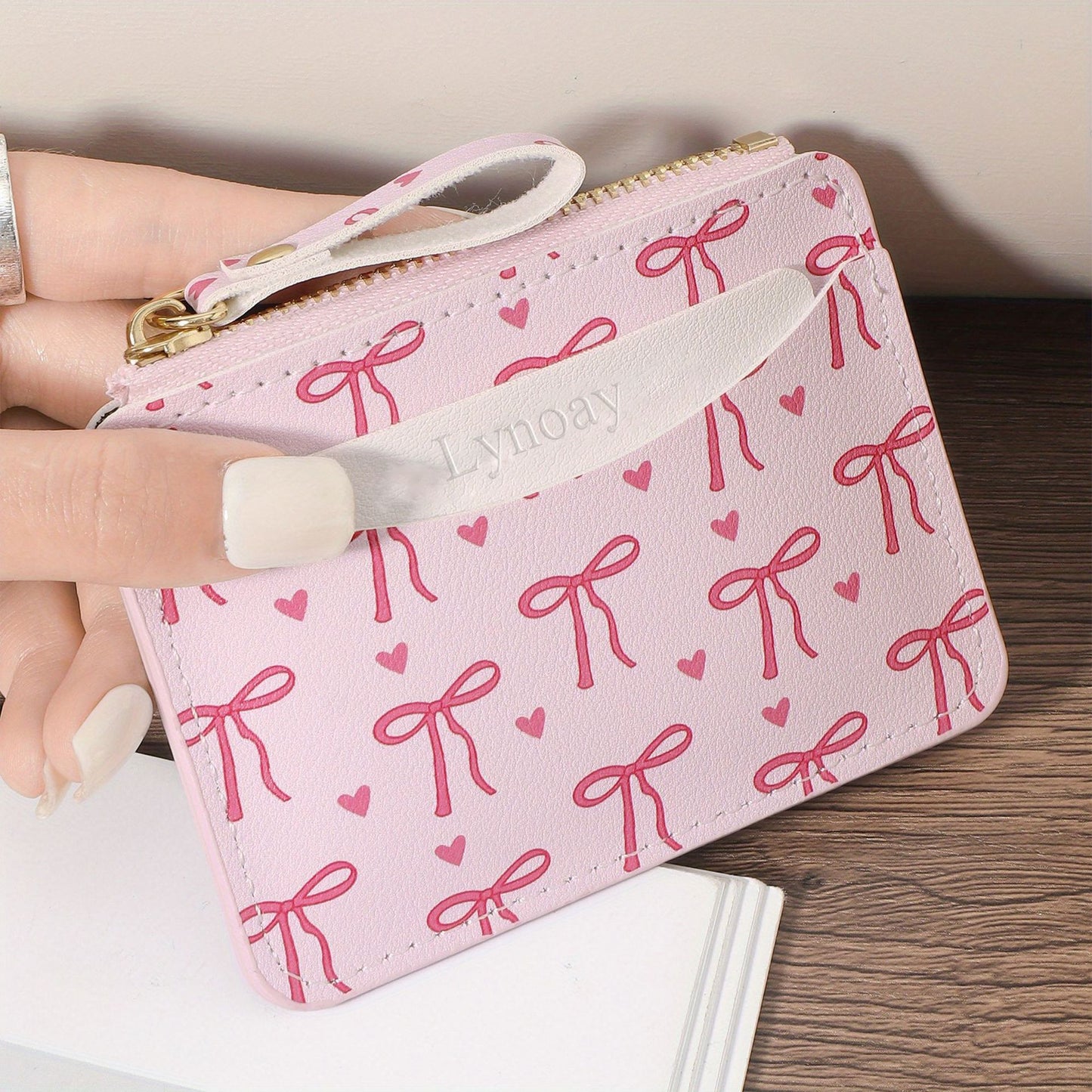 Women's Ultra-Thin Zipper Wallet Pink Heart Bow Card Holder Lightweight Daily Card Holder Zipper Closure