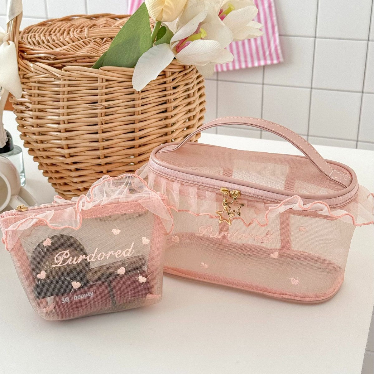 Ruffled Mesh Bag Good-looking Girl's Heart Student Portable Breathable Lipstick Sample Storage Bag
