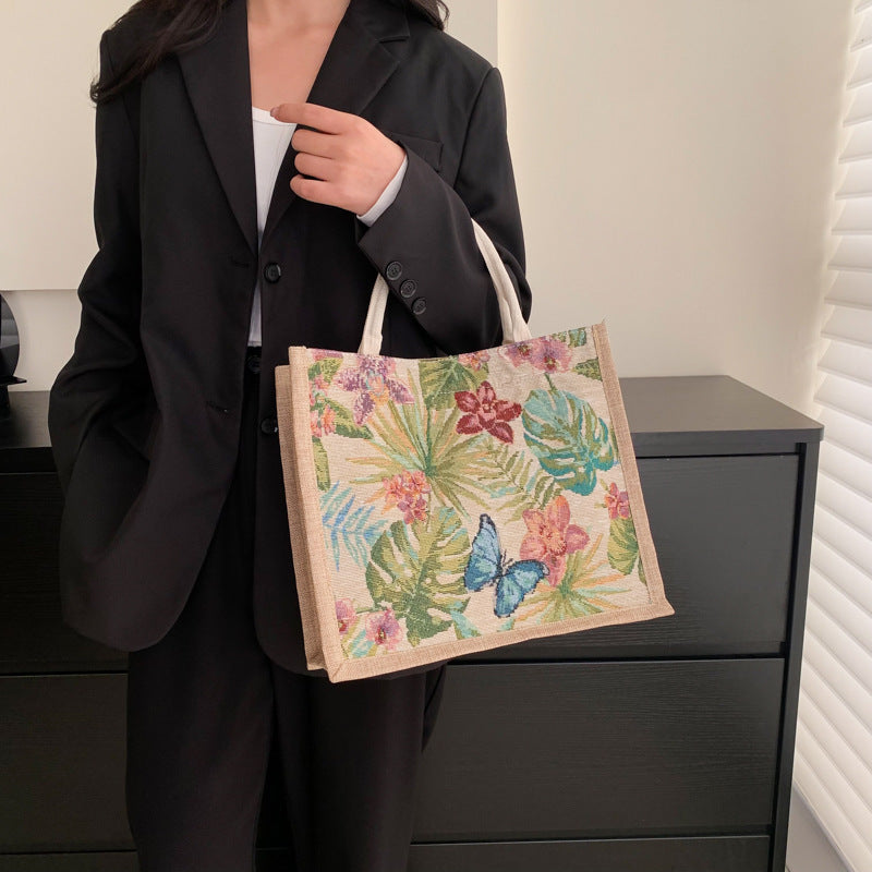 Women's Handbag New Large Capacity Ethnic Style Cotton Linen Tote Bag Flowers Print Magnetic Snap Handbag Daily All-Match Fashion Women's Bag