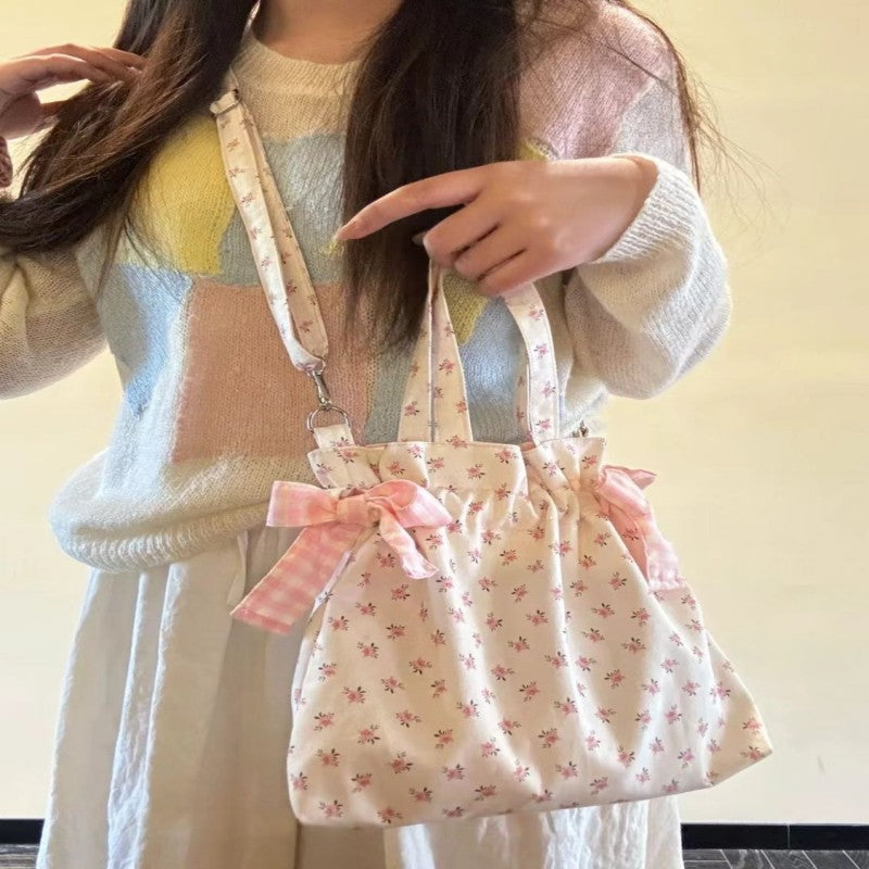 Floral Print Tote Bag with Bow Detail - Versatile Shoulder Handbag for Daily Use and Travel