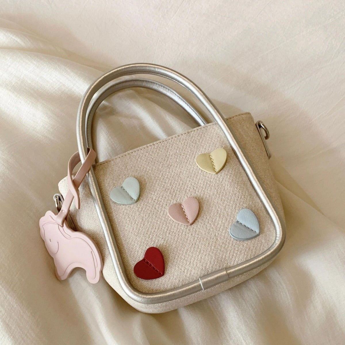Cute Color-Blocked Canvas Tote Bag with Heart Appliques and Pony Charm for Women - Summer 2025 Trendy Daily Use Handbag