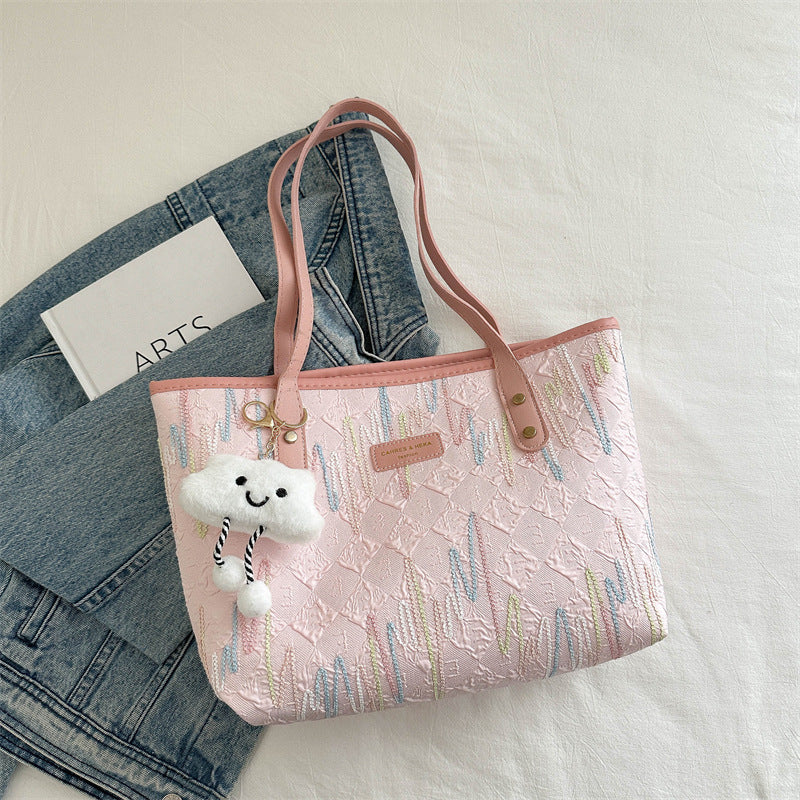 Leisure Commute Large Capacity Bag Women's New Fashion Shoulder Striped Embroidered Tote Bag
