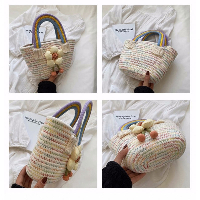Sunflower Cotton String Woven Bag Straw Bag Baby Birthday Party Portable Cloud Beach Bag Basket