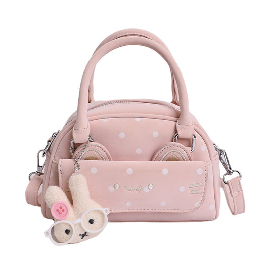 Cute Polka Dot Boston Bag with Embroidered Ears and Charm Pendant, Fashionable Crossbody Handbag for Women