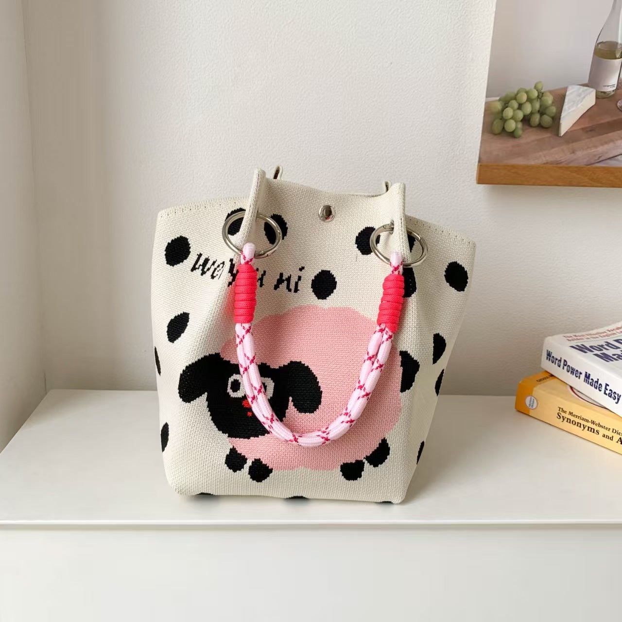 Black and White Rhombus Knitted Tote Bag Women's Casual Versatile Large Capacity Messenger Bag Handbag