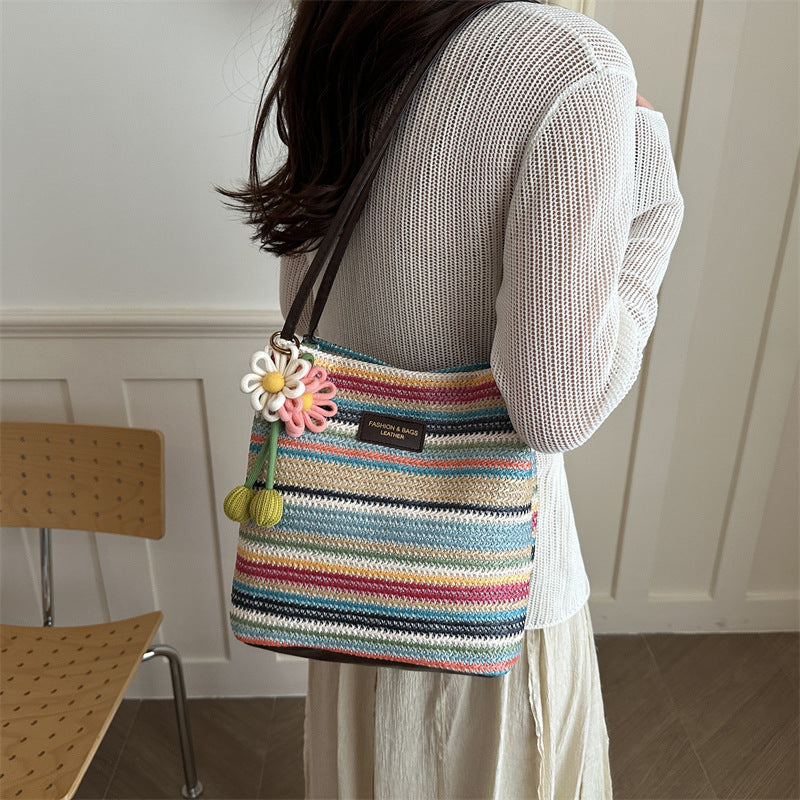 New Woven Tote Bag Flower Ornaments Beach Vacation Style Women's Shoulder Crossbody Straw Bag