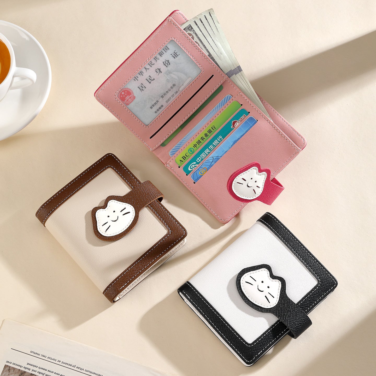 Multiple Card Slots Student Cute Cat Buckle Short Pu Wallet Simple Tri Fold Women's Wallet Wallet