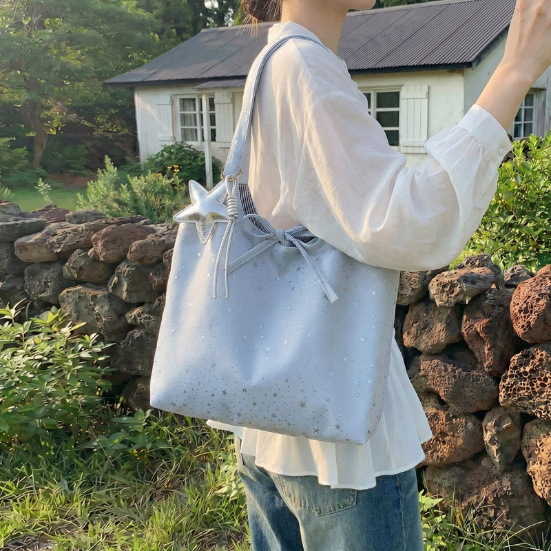 Starry Tote Bag for Women 2026 New Fashion Large Capacity Daily Commute Simple Style Shoulder Bag with Bow and Star Charm