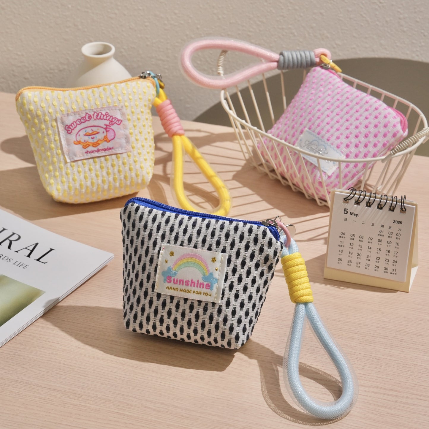 Cute Mini Wallet with Rainbow Patch and Wrist Strap, Lightweight Breathable Canvas Pouch for Daily Essentials