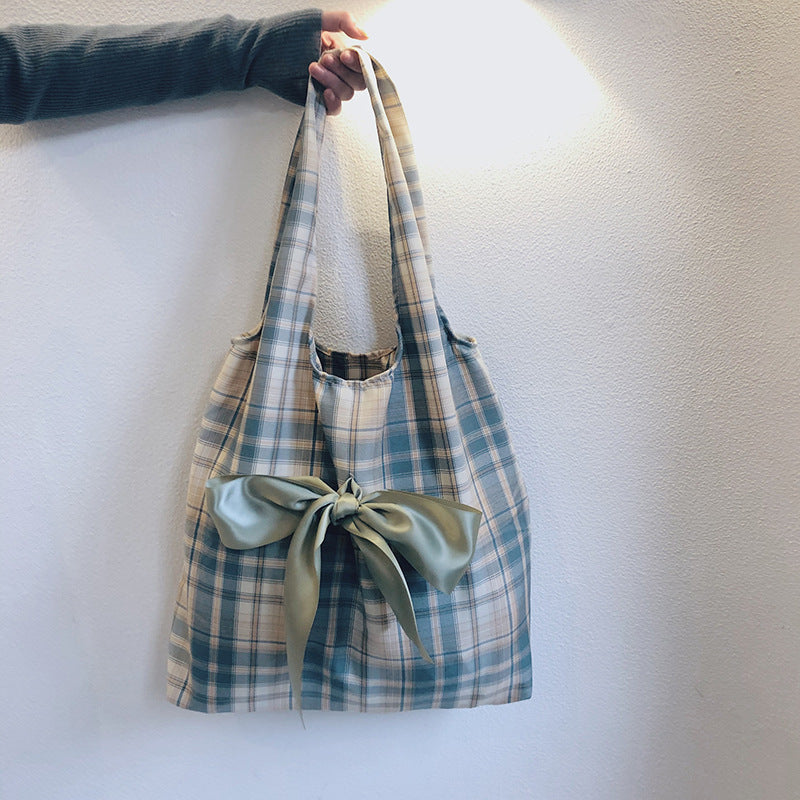 Cute Plaid Tote Bag with Satin Bow for Women, Large Capacity Shoulder Bag, Fresh and Sweet Style